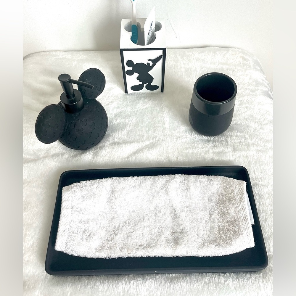 Mickey Mouse Bathroom Set Soap dispenser Towels Tray Toothbrush holder Mug